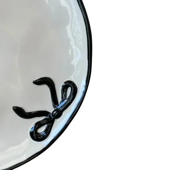 Hand Painted Coquette Black Bow Dinner Plates 10.25in White Ceramic Set of 4 NEW